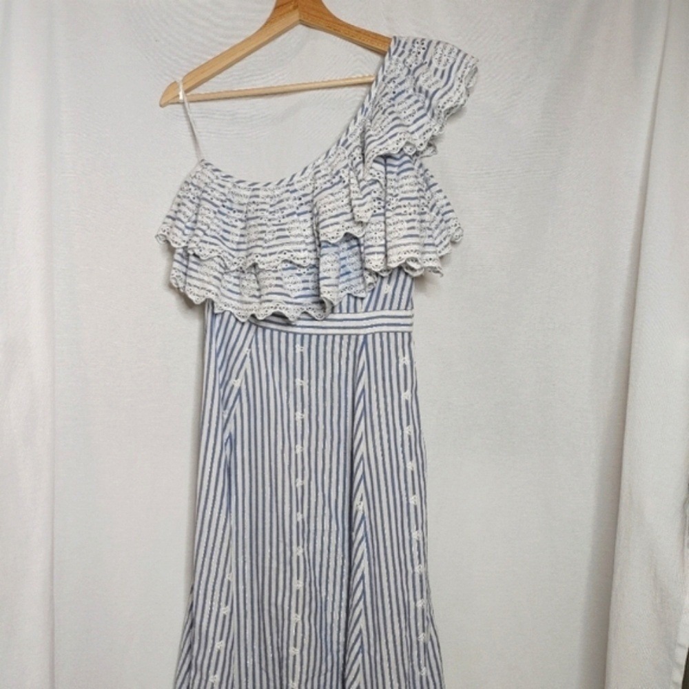 Kos Resort One Shoulder Midi Dress Ruffle Embroidered Eyelet White Blue Silver S - Picture 3 of 12